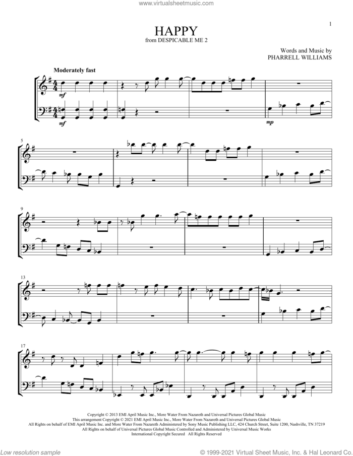 Happy sheet music for instrumental duet (duets) by Pharrell and Pharrell Williams, intermediate skill level