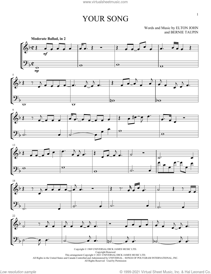 Your Song sheet music for instrumental duet (duets) by Elton John and Bernie Taupin, intermediate skill level