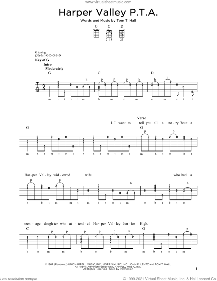 Harper Valley P.T.A. sheet music for banjo solo by Jeannie C. Riley, Michael J. Miles and Tom T. Hall, intermediate skill level