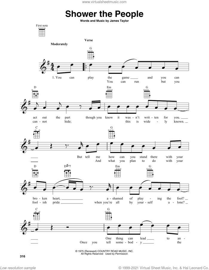 Shower The People sheet music for baritone ukulele solo by James Taylor, intermediate skill level