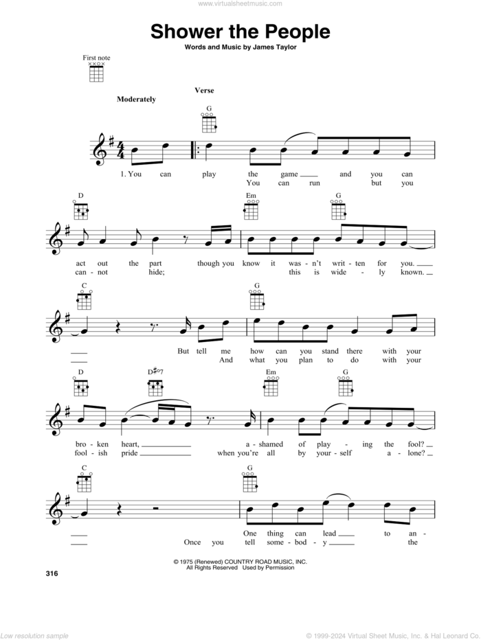 Shower The People sheet music for baritone ukulele solo by James Taylor, intermediate skill level