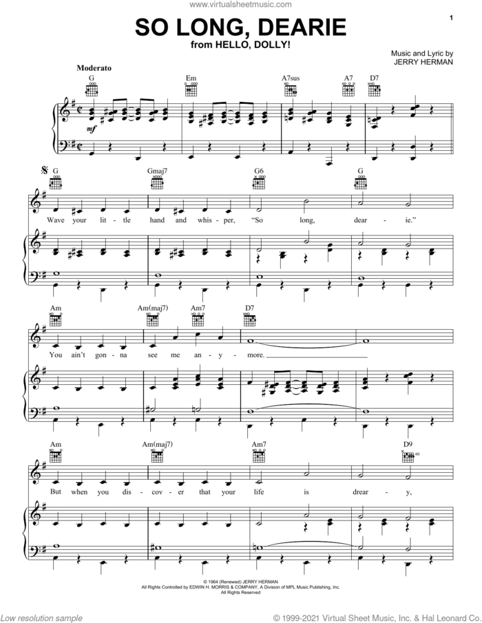 So Long, Dearie (from Hello, Dolly!) sheet music for voice, piano or guitar by Jerry Herman, intermediate skill level