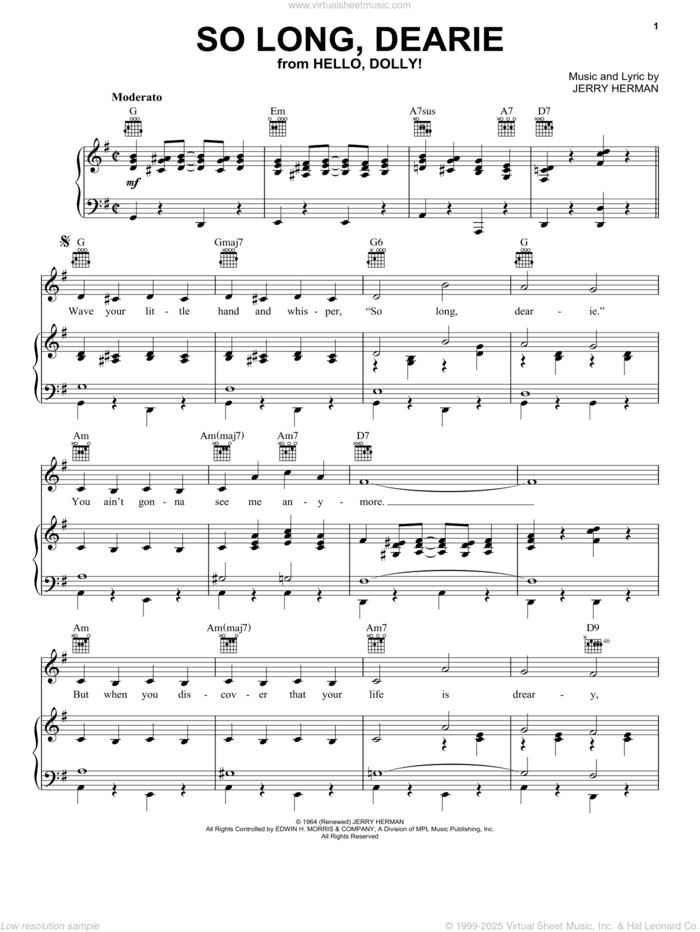 So Long, Dearie (from Hello, Dolly!) sheet music for voice, piano or guitar by Jerry Herman, intermediate skill level