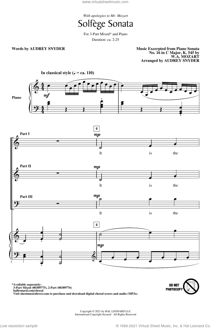Solfege Sonata sheet music for choir (3-Part Mixed) by Wolfgang Amadeus Mozart and Audrey Snyder, intermediate skill level