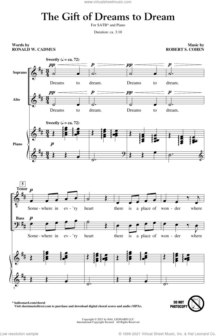 The Gift Of Dreams To Dream sheet music for choir (SATB: soprano, alto, tenor, bass) by Robert S. Cohen and Ronald W. Cadmus and Robert S. Cohen and Ronald W. Cadmus, intermediate skill level