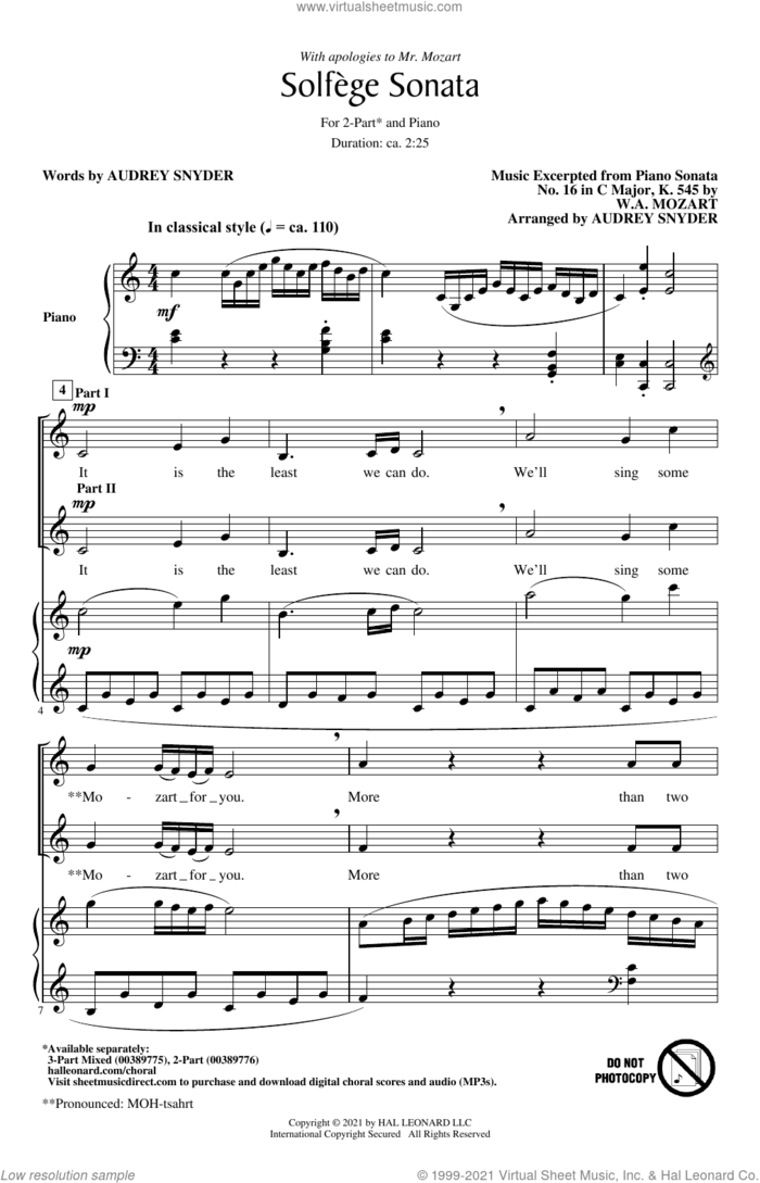 Solfege Sonata sheet music for choir (2-Part) by Wolfgang Amadeus Mozart and Audrey Snyder, intermediate duet