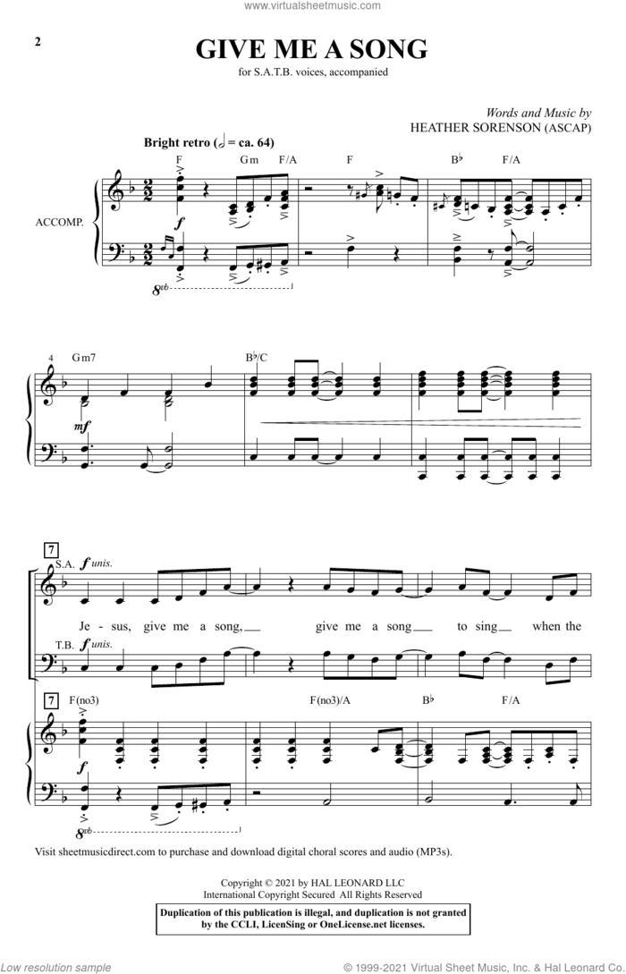Give Me A Song sheet music for choir (SATB: soprano, alto, tenor, bass) by Heather Sorenson, intermediate skill level