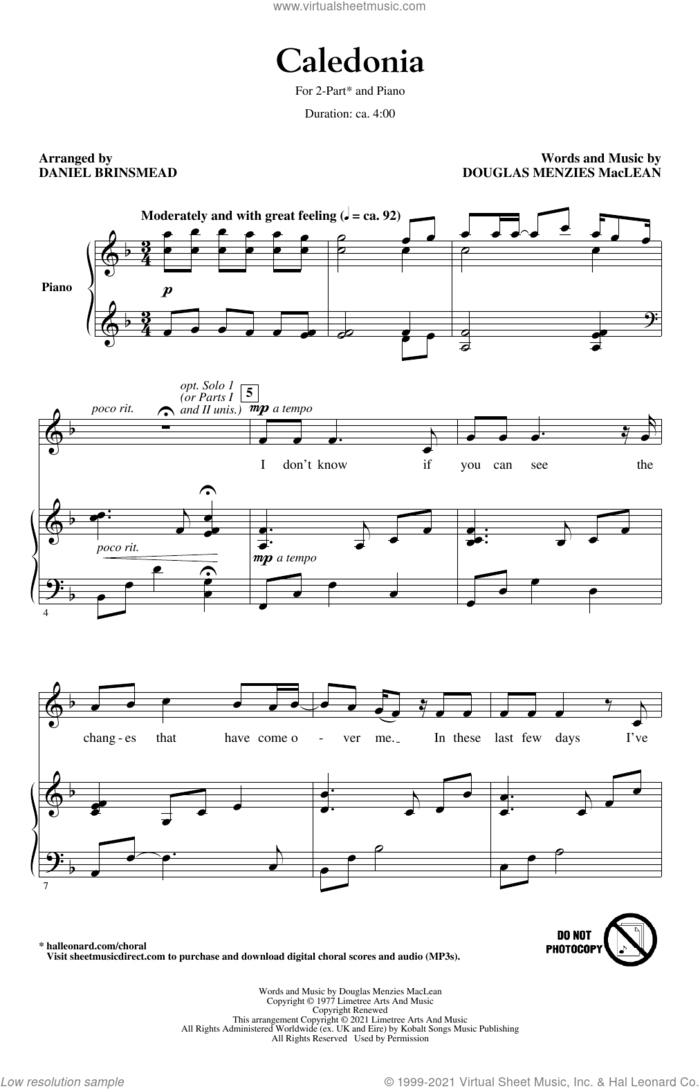Caledonia (arr. Daniel Brinsmead) sheet music for choir (2-Part) by Douglas Menzies MacLean, Daniel Brinsmead and Celtic Thunder, intermediate duet