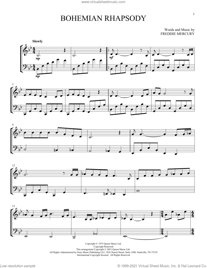 Bohemian Rhapsody sheet music for instrumental duet (duets) by Queen and Freddie Mercury, intermediate skill level