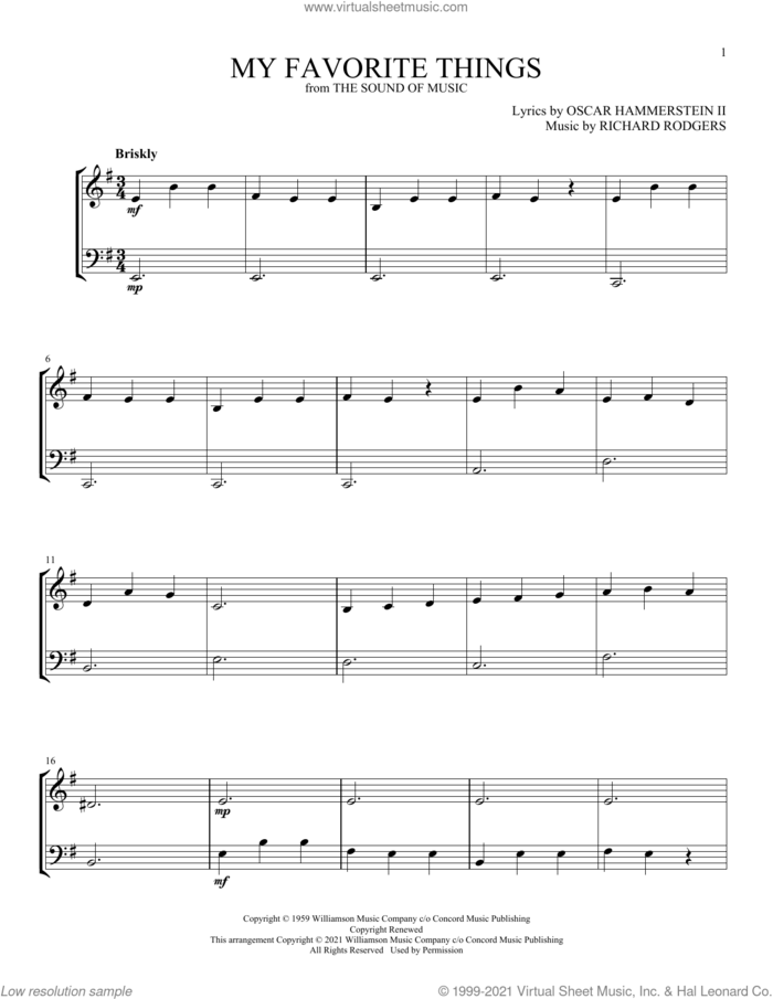 My Favorite Things (from The Sound Of Music) sheet music for instrumental duet (duets) by Richard Rodgers, Oscar II Hammerstein and Rodgers & Hammerstein, intermediate skill level