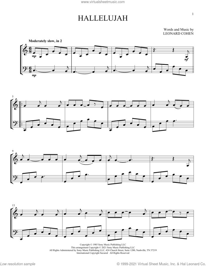 Hallelujah sheet music for instrumental duet (duets) by Leonard Cohen, intermediate skill level