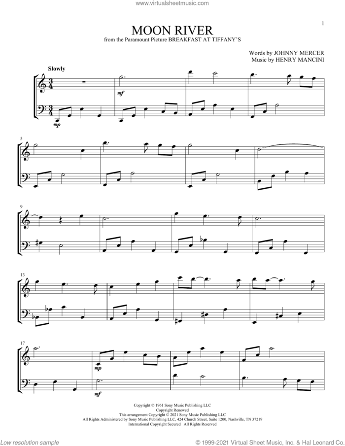 Moon River sheet music for instrumental duet (duets) by Johnny Mercer, Andy Williams and Henry Mancini, wedding score, intermediate skill level