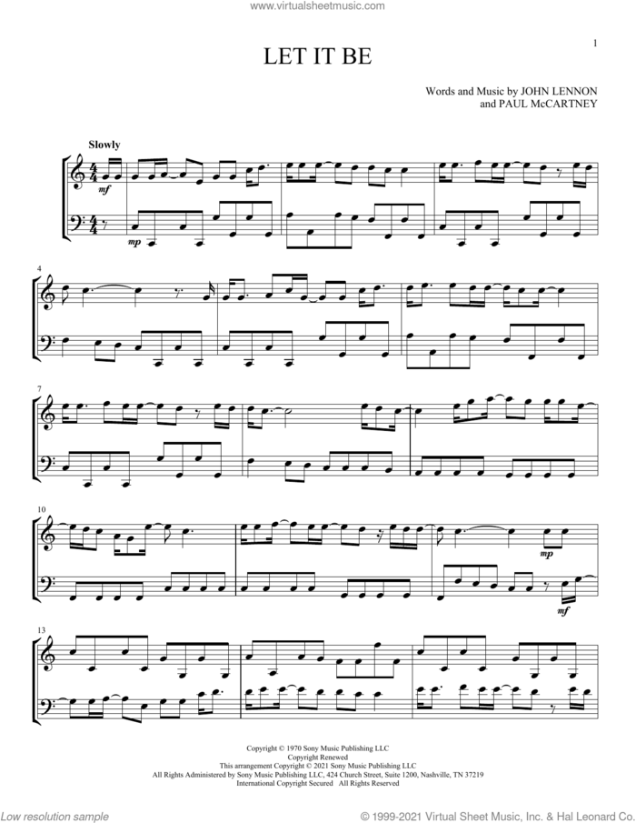 Let It Be sheet music for instrumental duet (duets) by The Beatles, John Lennon and Paul McCartney, intermediate skill level