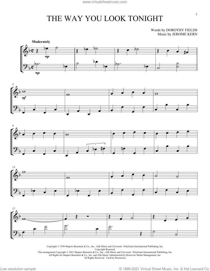 The Way You Look Tonight sheet music for instrumental duet (duets) by Jerome Kern and Dorothy Fields, wedding score, intermediate skill level