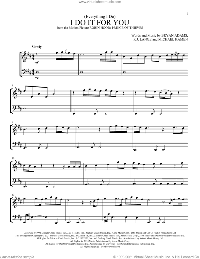 (Everything I Do) I Do It For You sheet music for instrumental duet (duets) by Bryan Adams, Michael Kamen and Robert John Lange, intermediate skill level