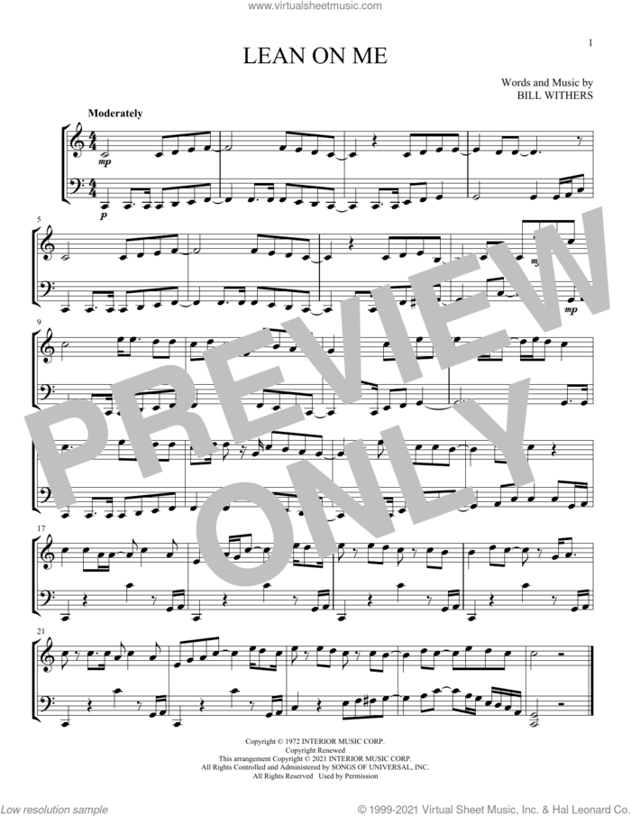 Lean On Me sheet music for instrumental duet (duets) by Bill Withers, intermediate skill level