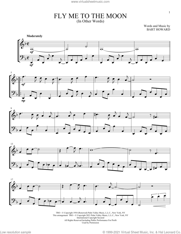 Fly Me To The Moon (In Other Words) sheet music for instrumental duet (duets) by Frank Sinatra and Bart Howard, wedding score, intermediate skill level