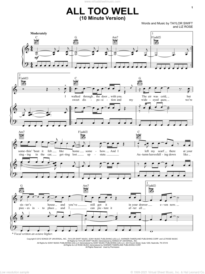 All Too Well (10 Minute Version) (Taylor's Version) (From The Vault) sheet music for voice, piano or guitar by Taylor Swift and Liz Rose, intermediate skill level
