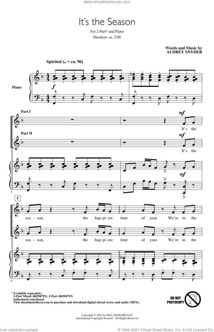 It's The Season sheet music for choir (2-Part) by Audrey Snyder, intermediate duet