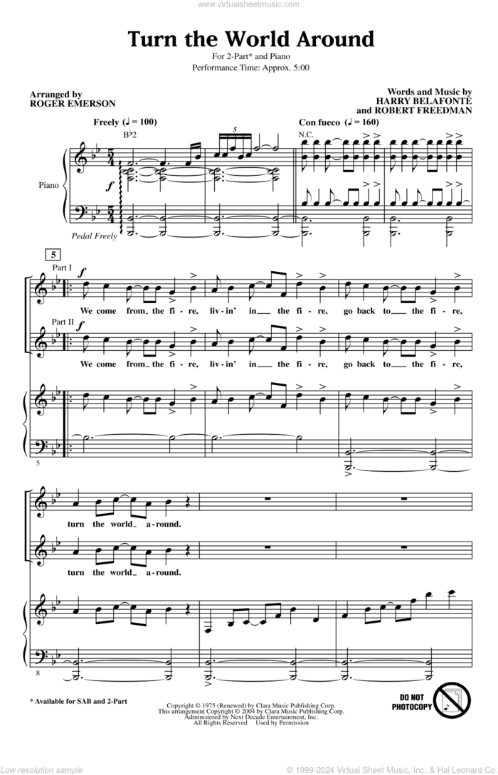 Turn The World Around (arr. Roger Emerson) sheet music for choir (2-Part) by Harry Belafonte, Roger Emerson and Robert Freedman, intermediate duet