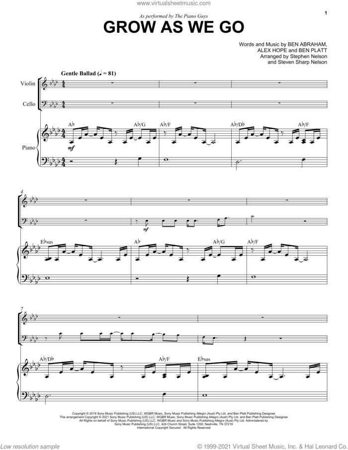 Grow As We Go sheet music for cello and piano by The Piano Guys, Alex Hope, Ben Abraham and Ben Platt, intermediate skill level