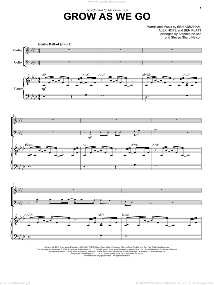 Grow As We Go sheet music for cello and piano by The Piano Guys, Alex Hope, Ben Abraham and Ben Platt, intermediate skill level