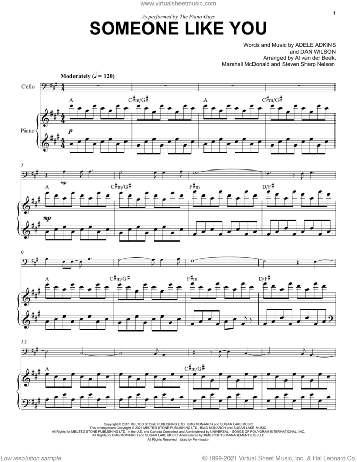 Someone Like You sheet music for cello and piano by The Piano Guys, Adele, Adele Adkins and Dan Wilson, intermediate skill level