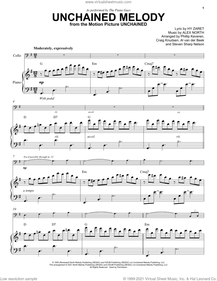 Unchained Melody sheet music for cello and piano by The Piano Guys, The Righteous Brothers, Alex North and Hy Zaret, wedding score, intermediate skill level