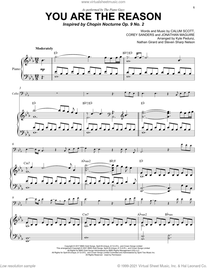 You Are The Reason sheet music for cello and piano by The Piano Guys, Calum Scott, Corey Sanders and Jon Maguire, intermediate skill level