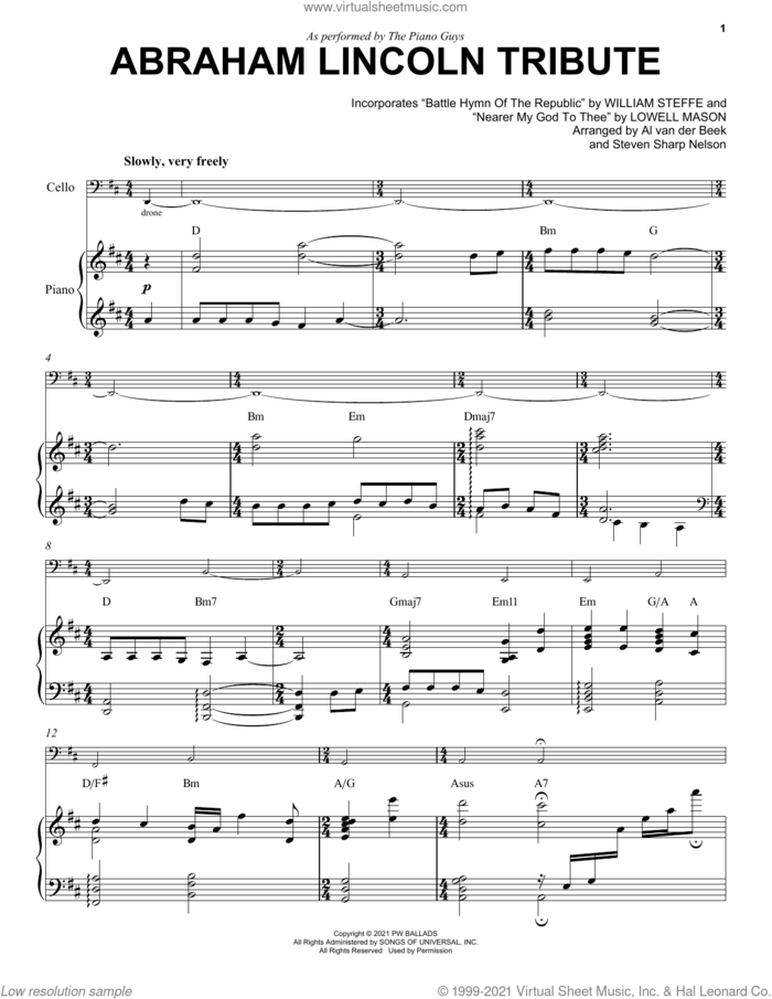 Abraham Lincoln Tribute sheet music for cello and piano by The Piano Guys, Al van der Beek (arr.), Lowell Mason, Steven Sharp Nelson (arr.) and William Steffe, classical score, intermediate skill level
