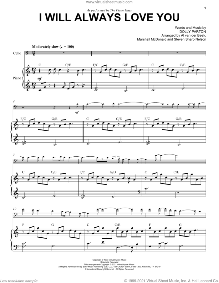 I Will Always Love You sheet music for cello and piano by The Piano Guys, Whitney Houston and Dolly Parton, wedding score, intermediate skill level