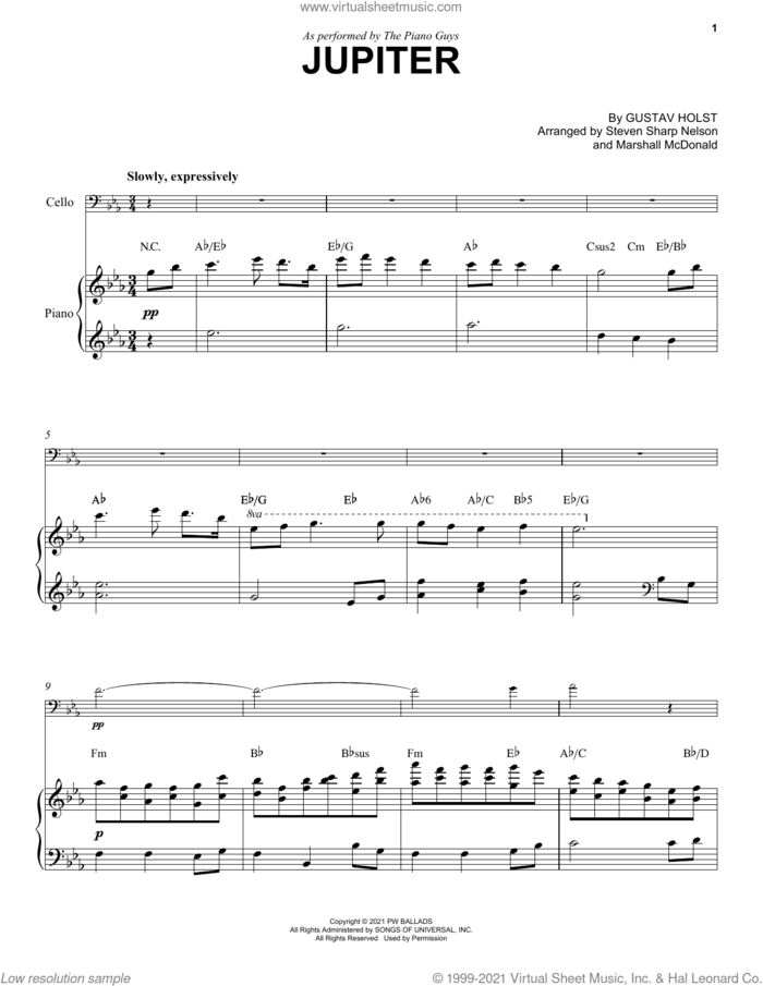 Jupiter sheet music for cello and piano by The Piano Guys, Steven Sharp Nelson (arr.) and Gustav Holst, classical score, intermediate skill level