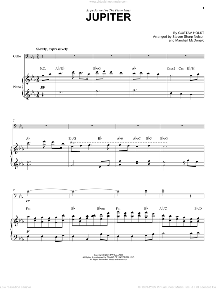 Jupiter sheet music for cello and piano by The Piano Guys, Steven Sharp Nelson (arr.) and Gustav Holst, classical score, intermediate skill level