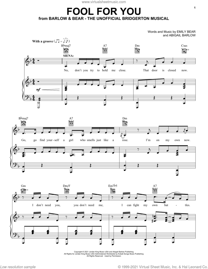 Fool For You (from The Unofficial Bridgerton Musical) sheet music for voice, piano or guitar by Barlow & Bear, Abigail Barlow and Emily Bear, intermediate skill level