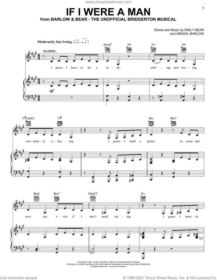 If I Were A Man (from The Unofficial Bridgerton Musical) sheet music for voice, piano or guitar by Barlow & Bear, Abigail Barlow and Emily Bear, intermediate skill level