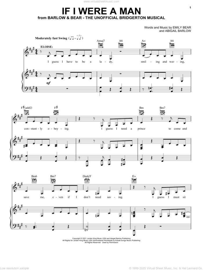 If I Were A Man (from The Unofficial Bridgerton Musical) sheet music for voice, piano or guitar by Barlow & Bear, Abigail Barlow and Emily Bear, intermediate skill level