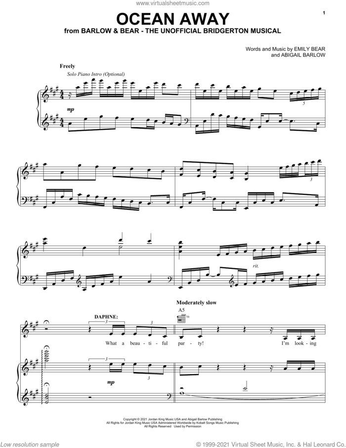Ocean Away (from The Unofficial Bridgerton Musical) sheet music for voice, piano or guitar by Barlow & Bear, Abigail Barlow and Emily Bear, intermediate skill level