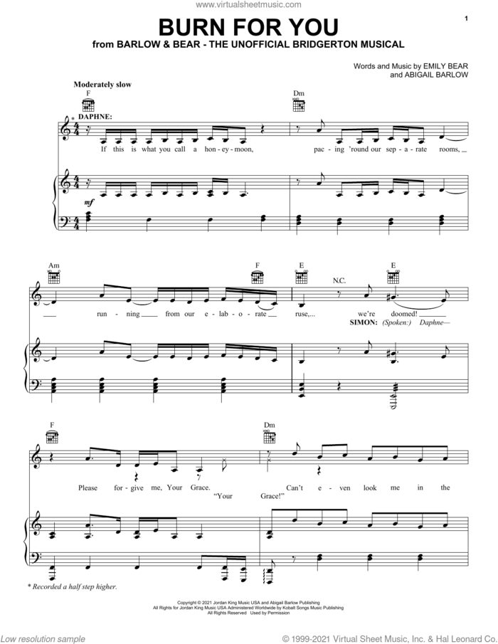 Burn For You (from The Unofficial Bridgerton Musical) sheet music for voice, piano or guitar by Barlow & Bear, Abigail Barlow and Emily Bear, intermediate skill level