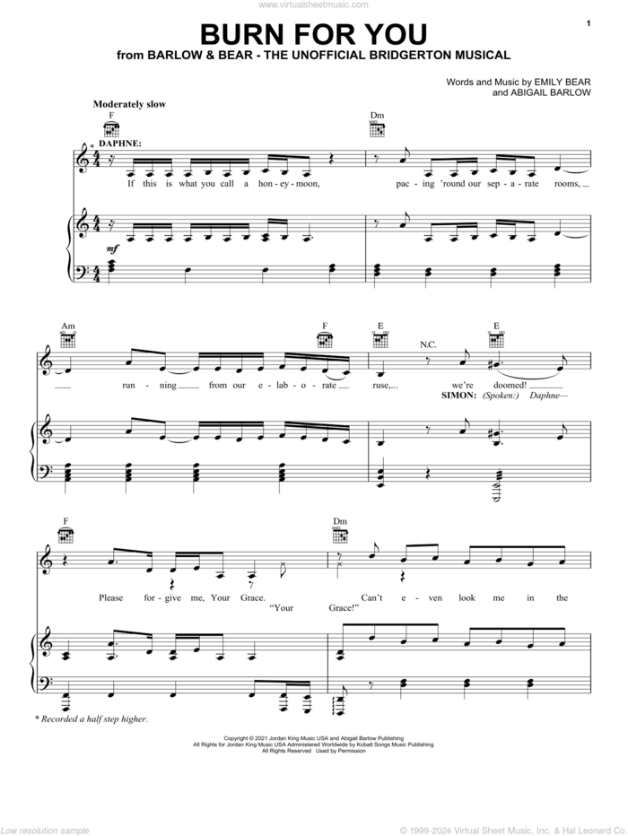 Burn For You (from The Unofficial Bridgerton Musical) sheet music for voice, piano or guitar by Barlow & Bear, Abigail Barlow and Emily Bear, intermediate skill level