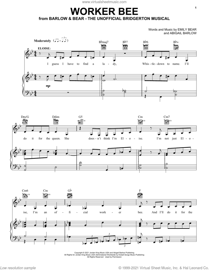 Worker Bee (from The Unofficial Bridgerton Musical) sheet music for voice, piano or guitar by Barlow & Bear, Abigail Barlow and Emily Bear, intermediate skill level