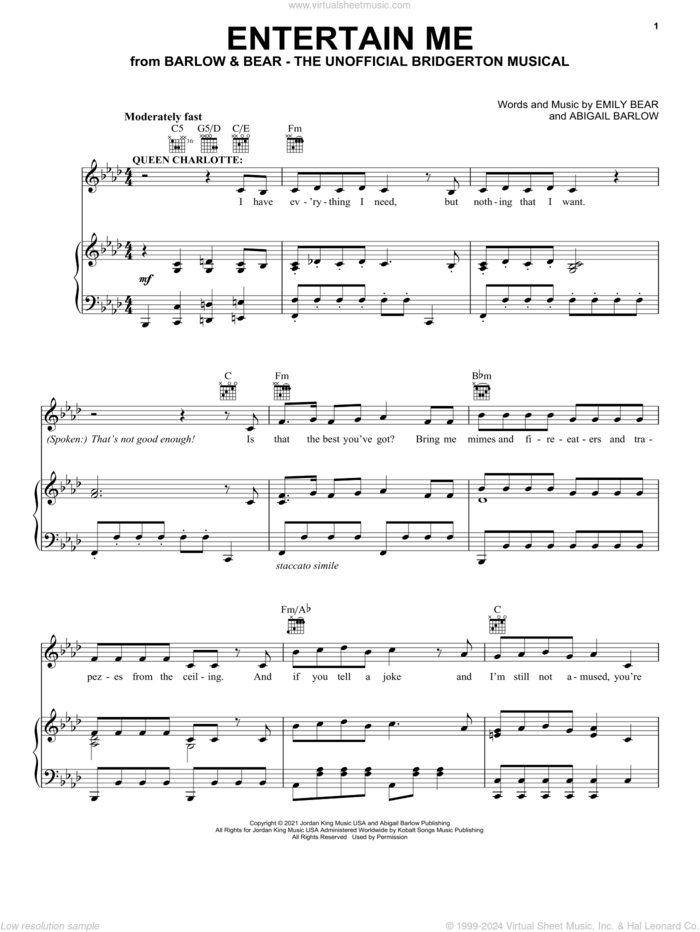 Entertain Me (from The Unofficial Bridgerton Musical) sheet music for voice, piano or guitar by Barlow & Bear, Abigail Barlow and Emily Bear, intermediate skill level