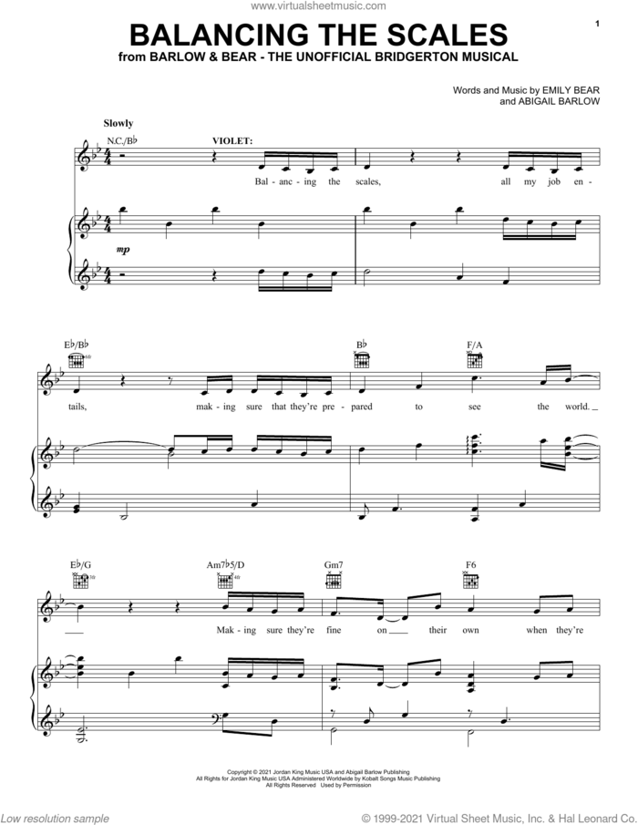 Balancing The Scales (from The Unofficial Bridgerton Musical) sheet music for voice, piano or guitar by Barlow & Bear, Abigail Barlow and Emily Bear, intermediate skill level
