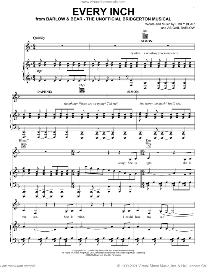 Every Inch (from The Unofficial Bridgerton Musical) sheet music for voice, piano or guitar by Barlow & Bear, Abigail Barlow and Emily Bear, intermediate skill level