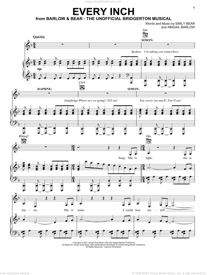 Every Inch (from The Unofficial Bridgerton Musical) sheet music for voice, piano or guitar by Barlow & Bear, Abigail Barlow and Emily Bear, intermediate skill level