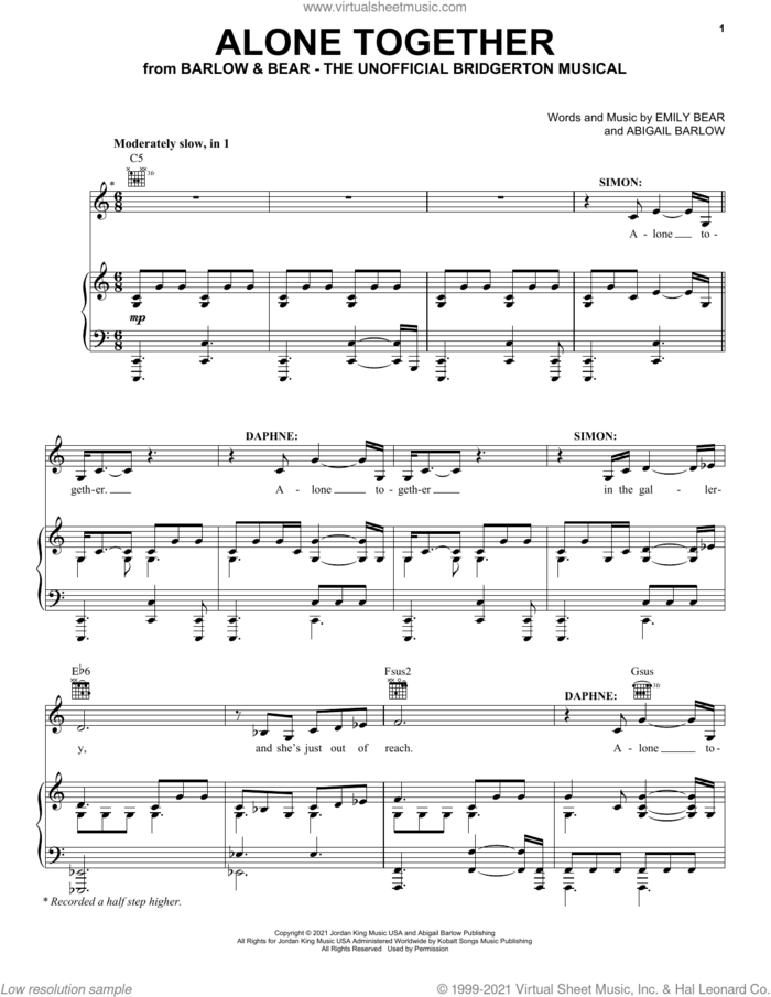 Alone Together (from The Unofficial Bridgerton Musical) sheet music for voice, piano or guitar by Barlow & Bear, Abigail Barlow and Emily Bear, intermediate skill level