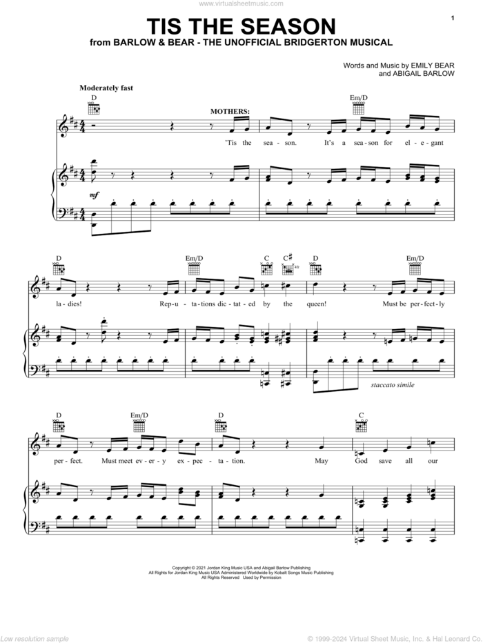 Tis The Season (from The Unofficial Bridgerton Musical) sheet music for voice, piano or guitar by Barlow & Bear, Abigail Barlow and Emily Bear, intermediate skill level