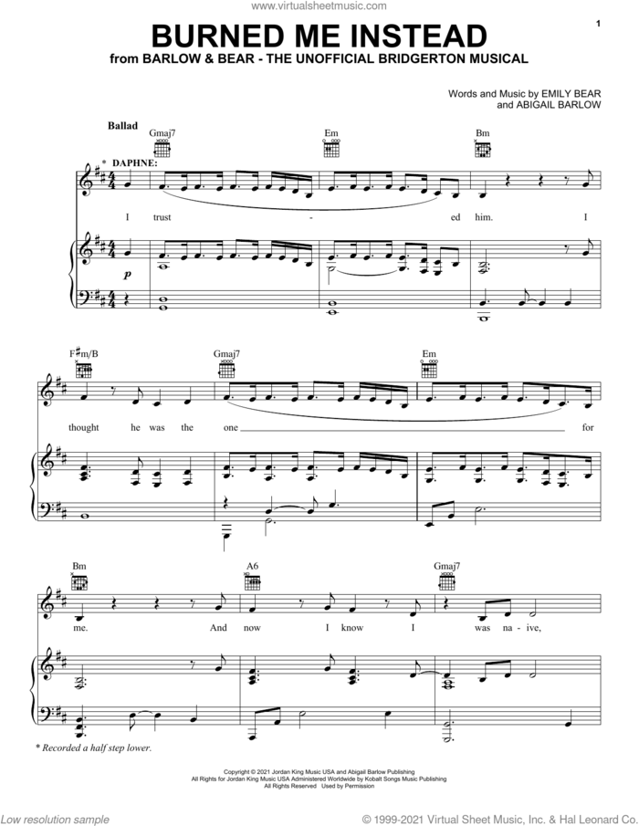 Burned Me Instead (from The Unofficial Bridgerton Musical) sheet music for voice, piano or guitar by Barlow & Bear, Abigail Barlow and Emily Bear, intermediate skill level
