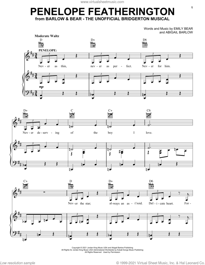 Penelope Featherington (from The Unofficial Bridgerton Musical) sheet music for voice, piano or guitar by Barlow & Bear, Abigail Barlow and Emily Bear, intermediate skill level