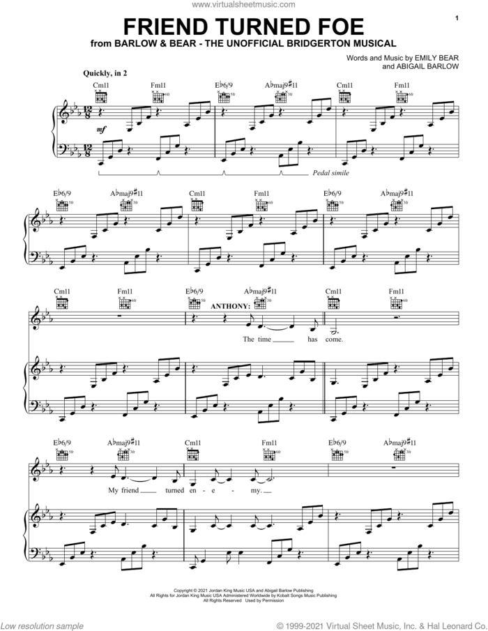Friend Turned Foe (from The Unofficial Bridgerton Musical) sheet music for voice, piano or guitar by Barlow & Bear, Abigail Barlow and Emily Bear, intermediate skill level