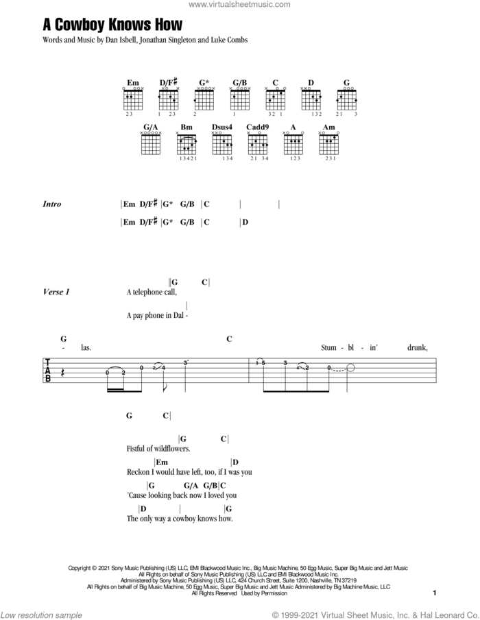 A Cowboy Knows How sheet music for guitar (chords) by Flatland Cavalry, Dan Isbell, Jonathan Singleton and Luke Combs, intermediate skill level